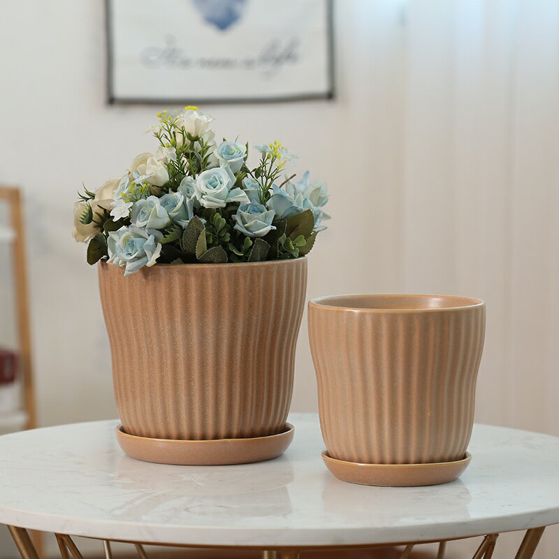 陶瓷花盆北歐簡約風室內桌面蝴蝶蘭虎皮蘭大號綠植帶托盤花盆包郵