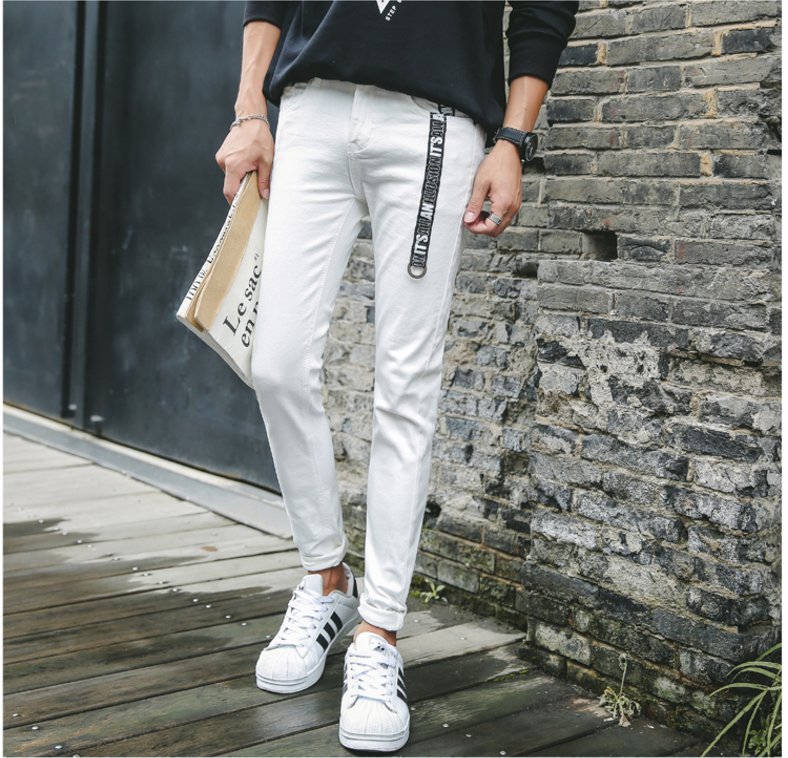 FINDSENSE品牌 韓國潮流黑白兩色小腳牛仔褲男 新款字母織帶時尚