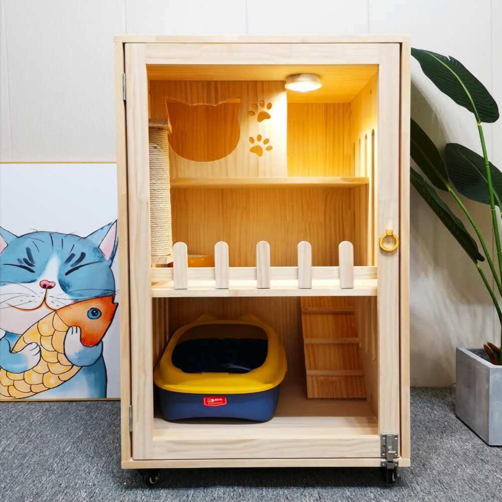 【台灣現貨+預購】豪華實木貓別墅 家用貓公寓 貓籠子貓櫃子 雙層三層防水貓咪房子 貓屋貓舍貓窩 寵物籠子 1