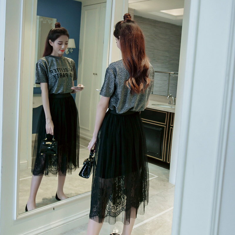 FINDSENSE G5 韓國時尚 夏裝 新款 個性 短袖 T恤 蕾絲 連身裙 套裝 兩件套