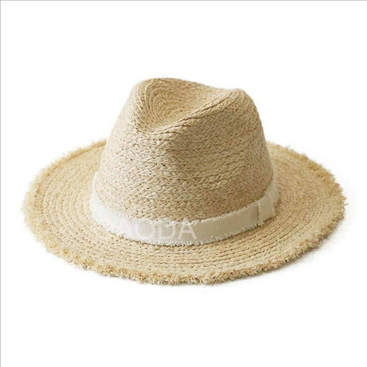 毛邊拉菲草巴拿馬草帽男女夏季百搭遮陽帽沙灘帽太陽帽子有大小號1入