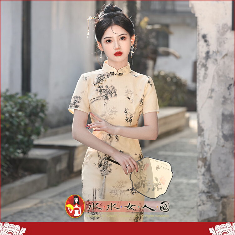 彈力面料印花長款旗袍春夏新款漢元素水墨畫中國風少女改良日常修身顯瘦連身裙女洋裝-香竹-水水女人國