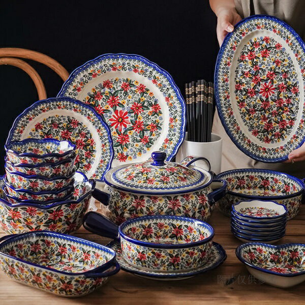 異域波蘭彩陶瓷餐具創意家用米飯碗雙耳大湯鍋釉下彩民族風手柄碗
