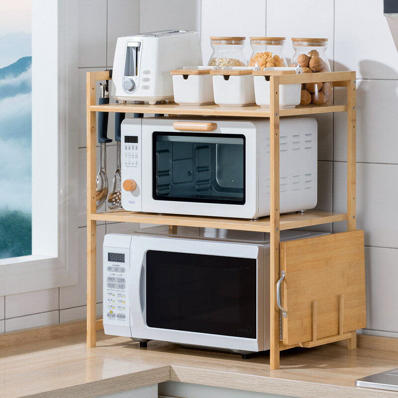 置物架 置物櫃 廚房置物架臺面雙層微波爐架子桌面調料烤箱收納架竹實木