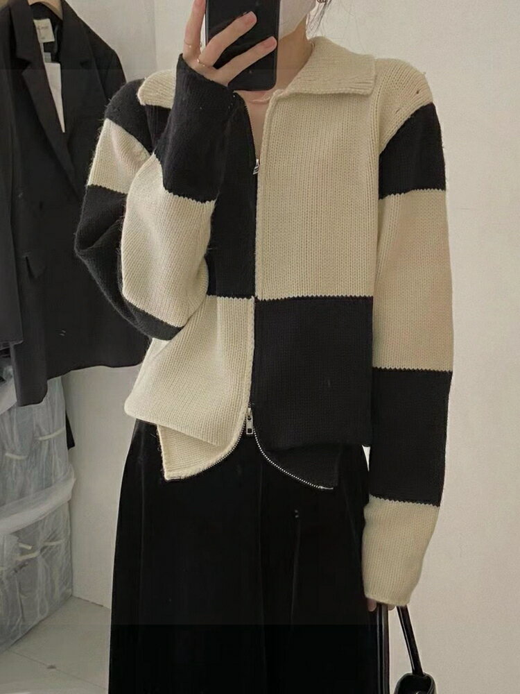 年新款針織開衫外套女秋冬慵懶風上衣設計感小眾棋盤格子毛衣