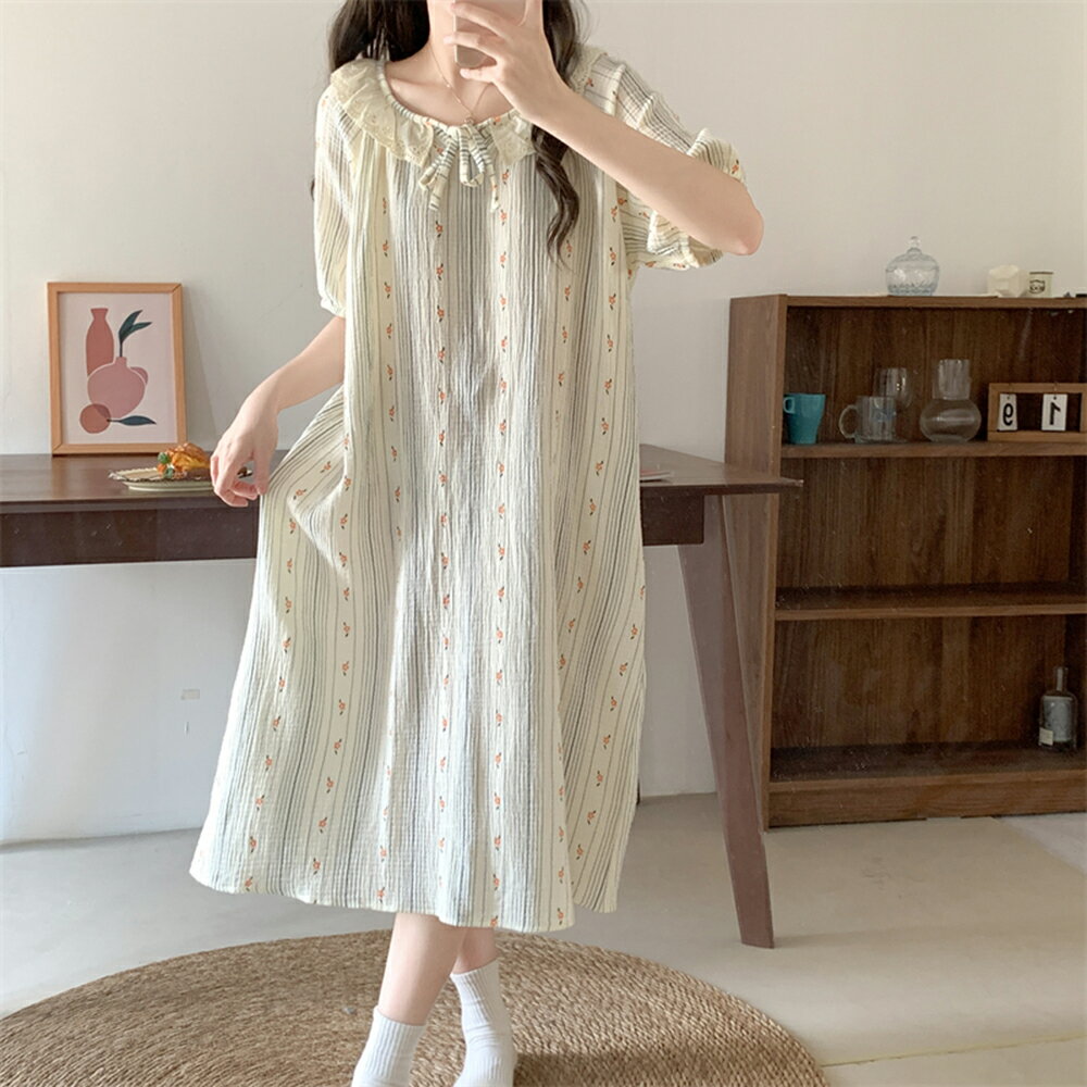 ＊ORead＊韓版豎條紋肌理碎花睡衣家居服連身裙(圖片色M~2XL)【限定加碼✿全館滿額再折】