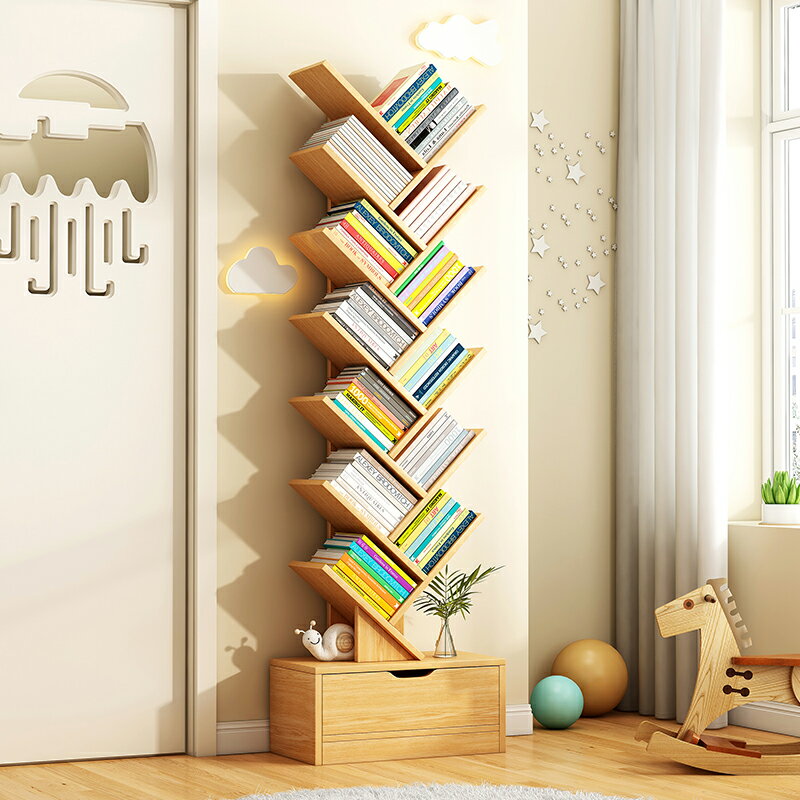 落地書架 簡易書架 儲物櫃 簡易樹形小書架置物架落地臥室櫃子客廳收納架家用多層創意窄書櫃『FY00272』