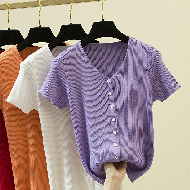 V領冰絲針織短袖女T恤紫色上衣夏裝新款韓版純色修身網紅半袖ins