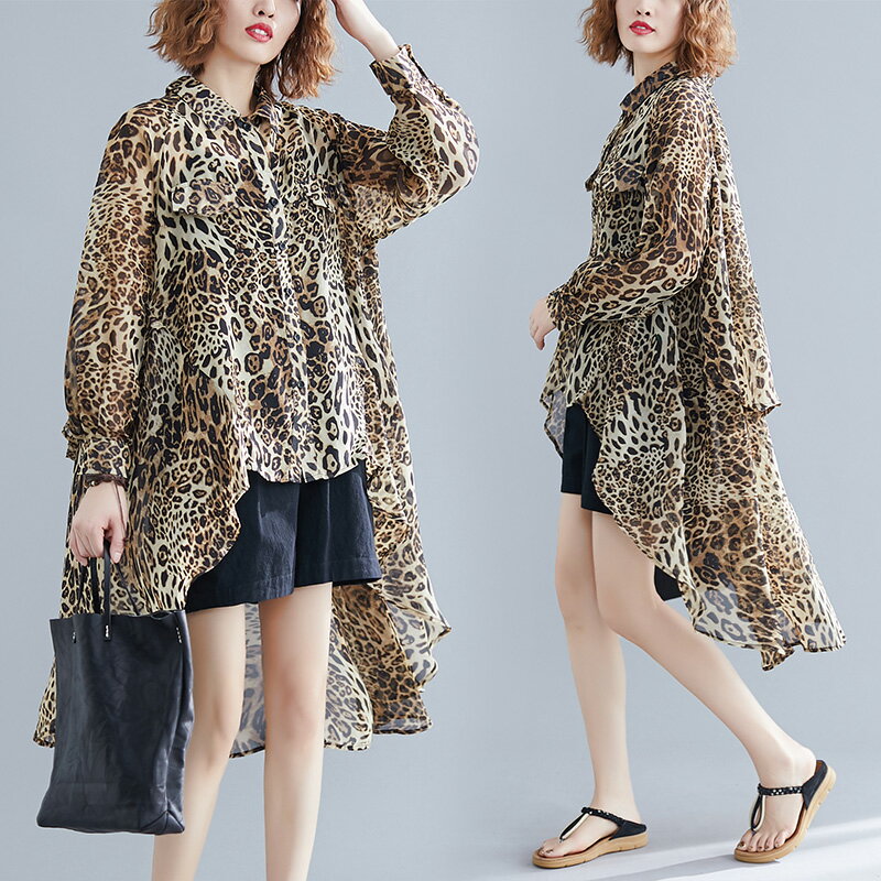 洋氣時髦寬松大碼遮肉顯瘦中長款女裝上衣韓版減齡豹紋印花襯衫女