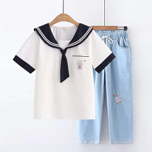 夏季初高中生套裝女海軍風短袖襯衫學生少女薄牛仔褲七分褲2件套