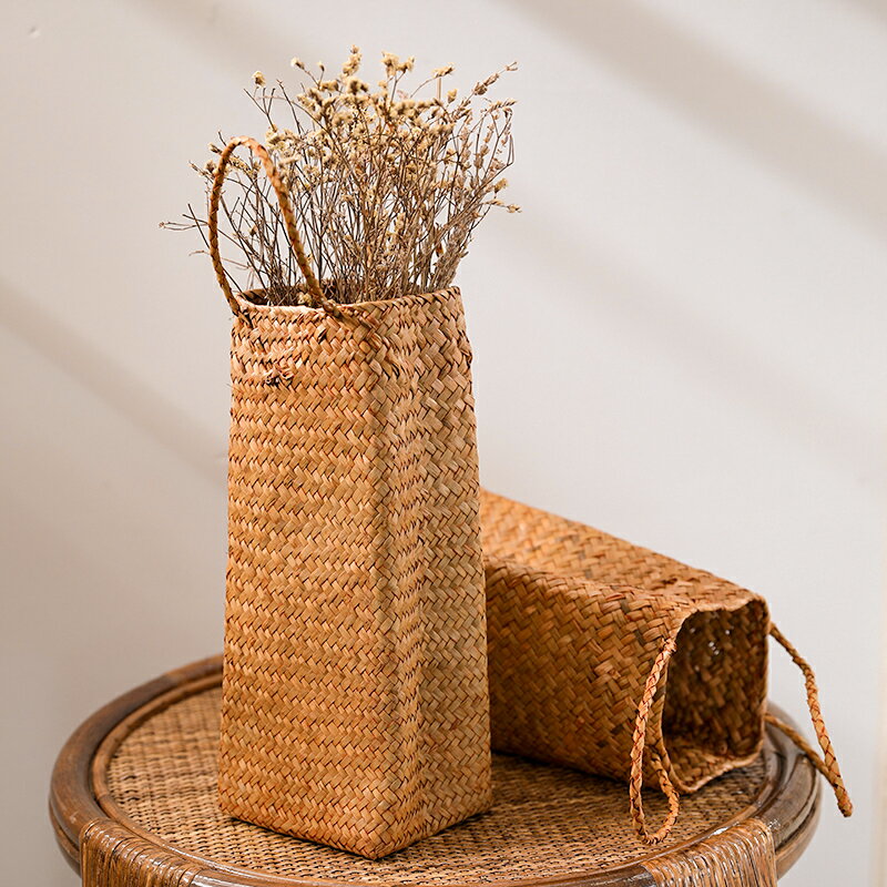 草編方形手提袋插花籃 編織花袋簡約草編紅酒袋禮品袋
