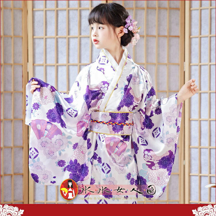 日式女童和服 復古印花小女孩睡袍蝴蝶結腰帶浴衣套裝｜紫花｜水水女人國