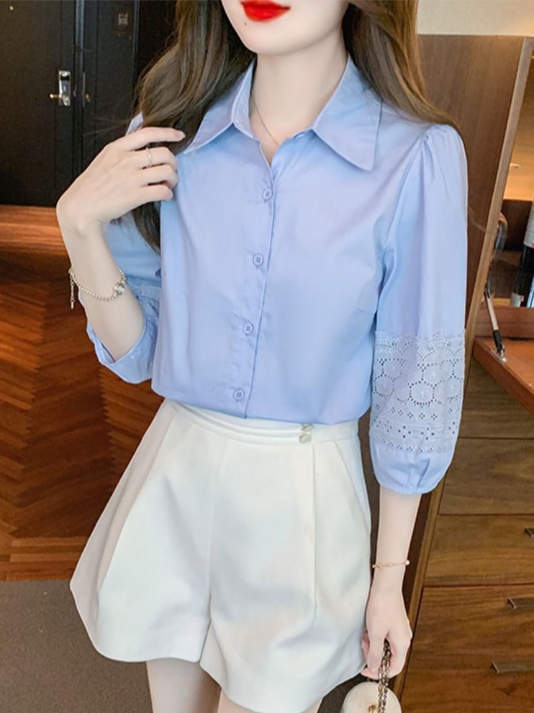 七分袖襯衫白色女士新款時尚洋氣小個子中袖上衣修身純棉襯衣百搭夏季