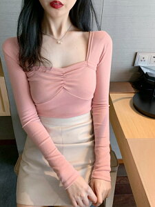 溫柔風韓系性感秋季上衣女ins氣質打底衫修身時尚內搭長袖粉色T恤