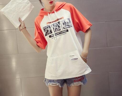 FINDSENSE MD 韓國時尚 女 寬鬆 撞色 連帽 印花 T恤 短袖T恤 連帽T恤