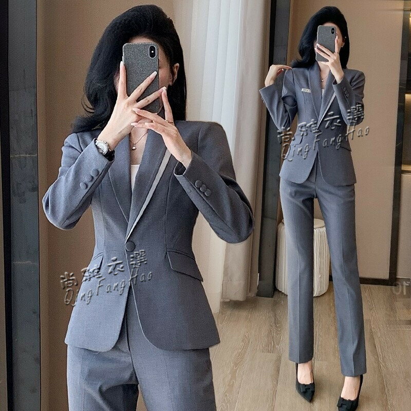 高階西裝套裝女 灰色西裝外套 春秋職業裝氣質女神範麵試正裝西服套裝工作服jy