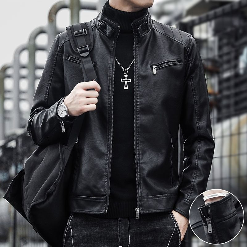 衣男春秋季韓版潮流帥氣立領短款機車服春秋款男士PU皮夾克外套297SFY 快速寄出