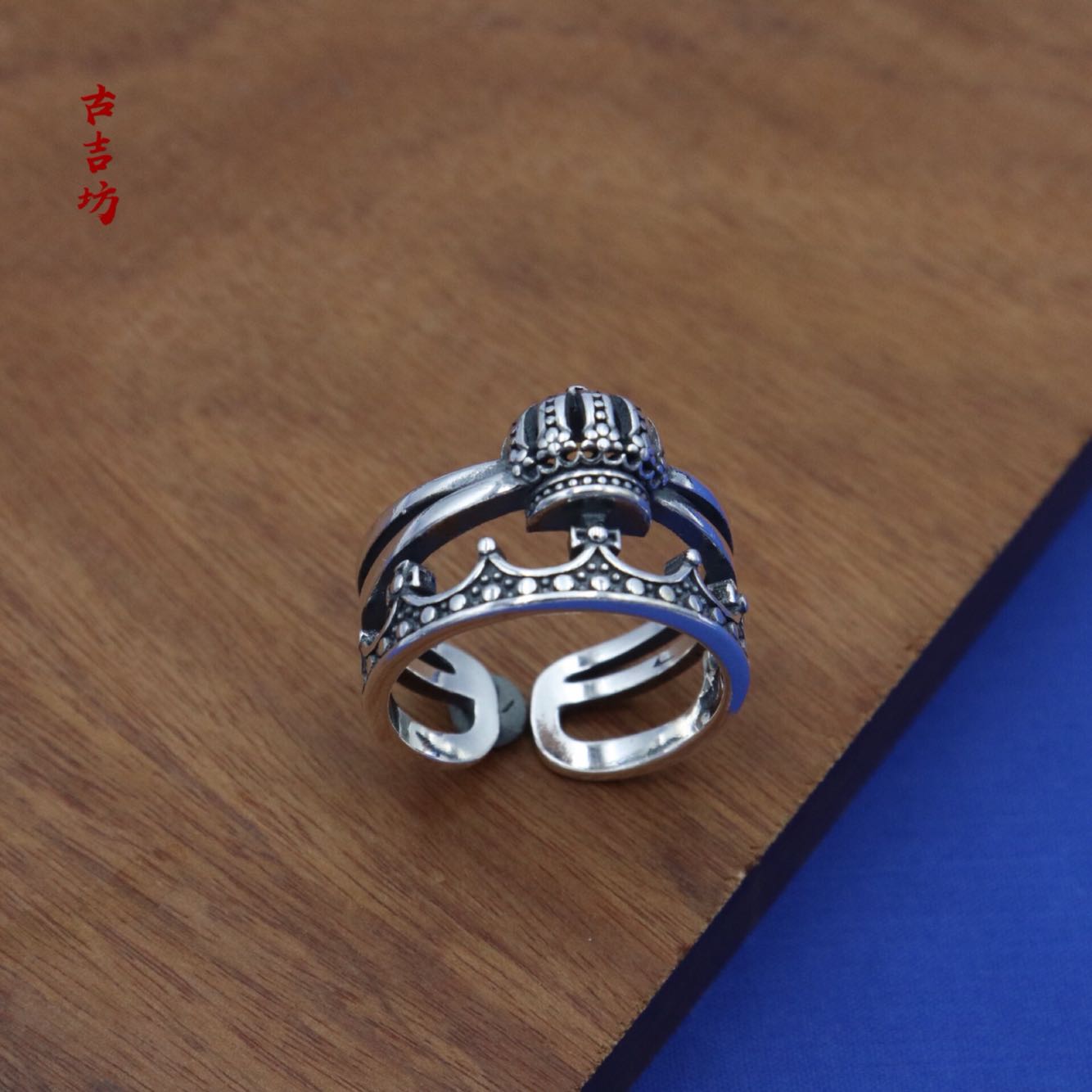 S925純銀復古做舊皇冠多層開口戒指女簡約時尚指環百搭送朋友禮物
