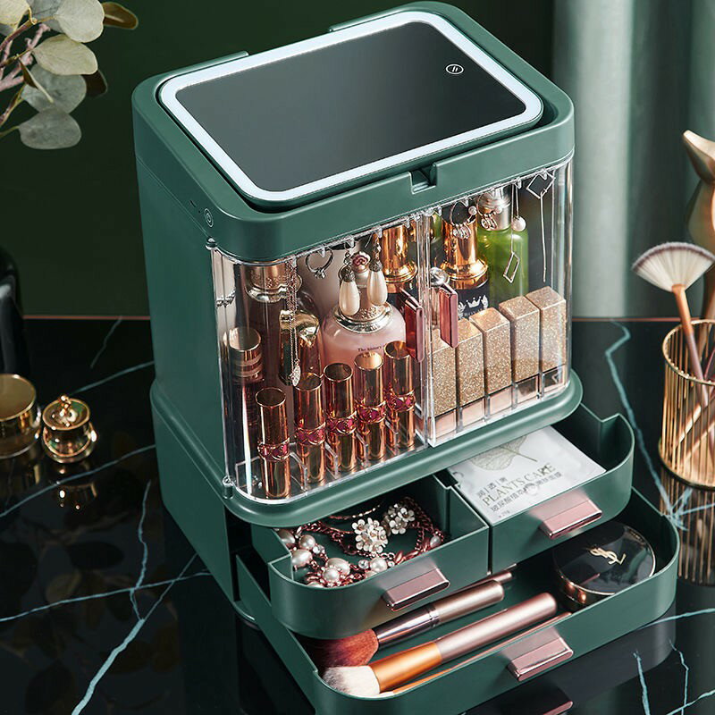 高檔化妝品收納盒帶LED鏡子防塵防水抽屜式收納箱化妝口紅首飾飾品盒