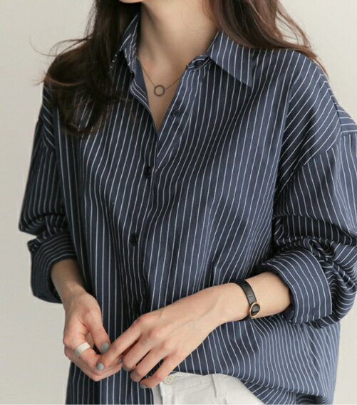 中大尺碼女裝~中長寬鬆藍條紋襯衫 女襯衫 長袖條紋襯衫 2024新款 8