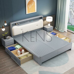 主臥床 實木床 實木床1.8米主臥雙人床現代簡約小戶型床1.2米單人儲物高箱床