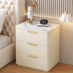 床頭柜輕奢簡約現代實木床邊柜三層三抽屜落地式床頭桌皮質收納柜