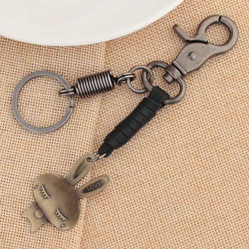 包包鑰匙圈掛件可愛兔子牛皮鑰匙扣汽車鑰匙鏈復古合金吊墜飾品