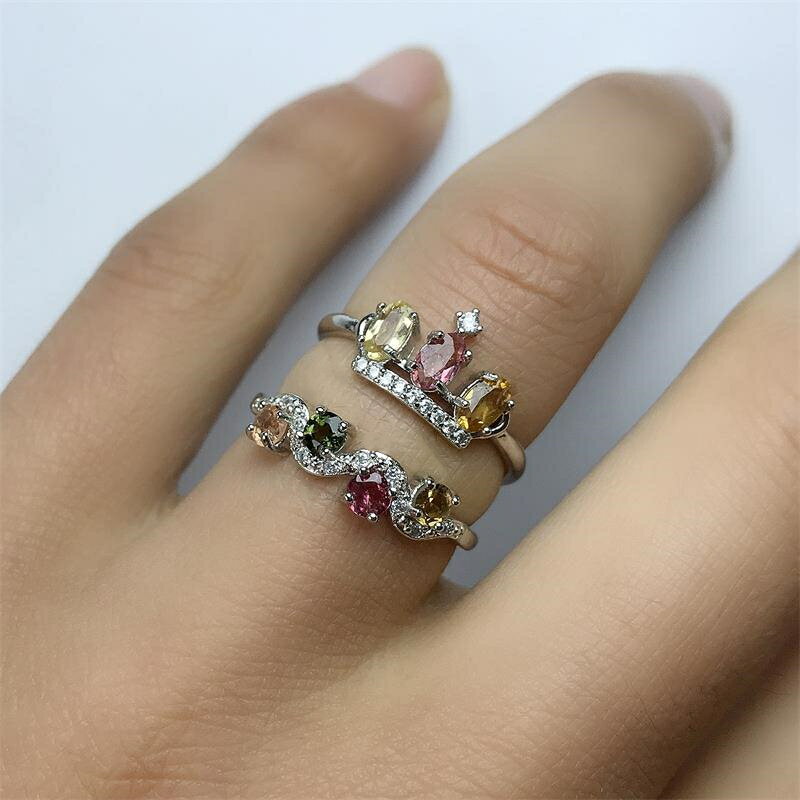天然糖果色碧璽戒指女款皇冠排戒韓版可調節輕奢寶石水晶飾品禮物
