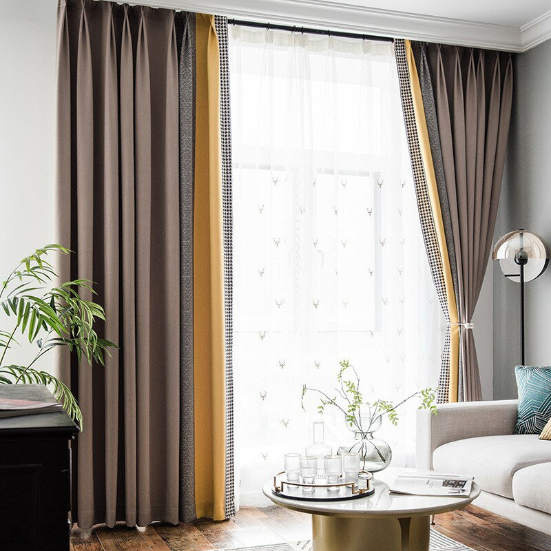 新款窗簾布仿亞麻拼接純色布料簡約遮光散剪千鳥格花邊 0