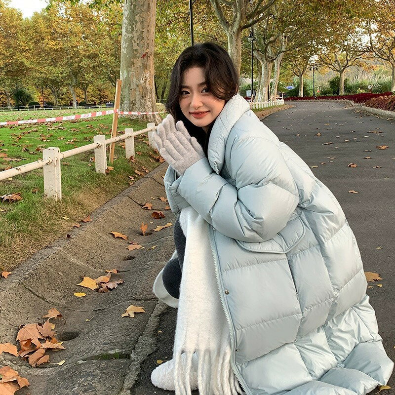 韓版冬季羽絨服女長款純色保暖外套簡約百搭時尚修身顯瘦外套