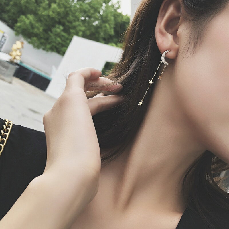 不對稱月亮星星耳環女夏天清新百搭流蘇韓國氣質長款純銀耳飾耳釘1入