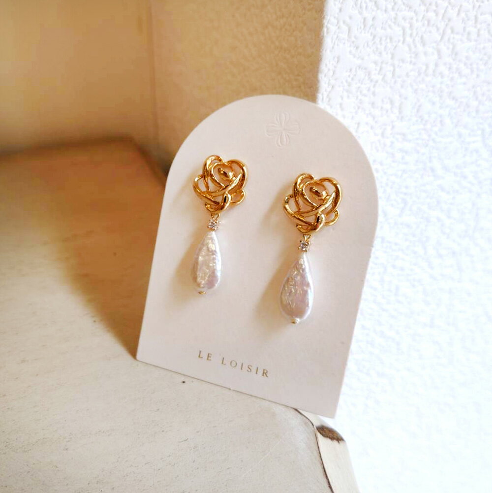 小時光x覓品竹北手作店-玫瑰花巴洛克珍珠耳環
