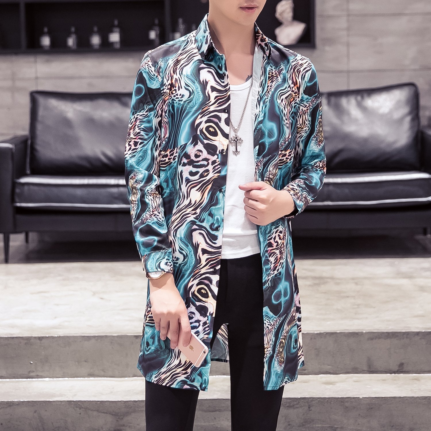 FINDSENSE品牌 秋季 新款 日本 男 高端 豹紋印花 個性襯衣 時尚 休閒 中長款 長袖襯衫 潮流上衣外套