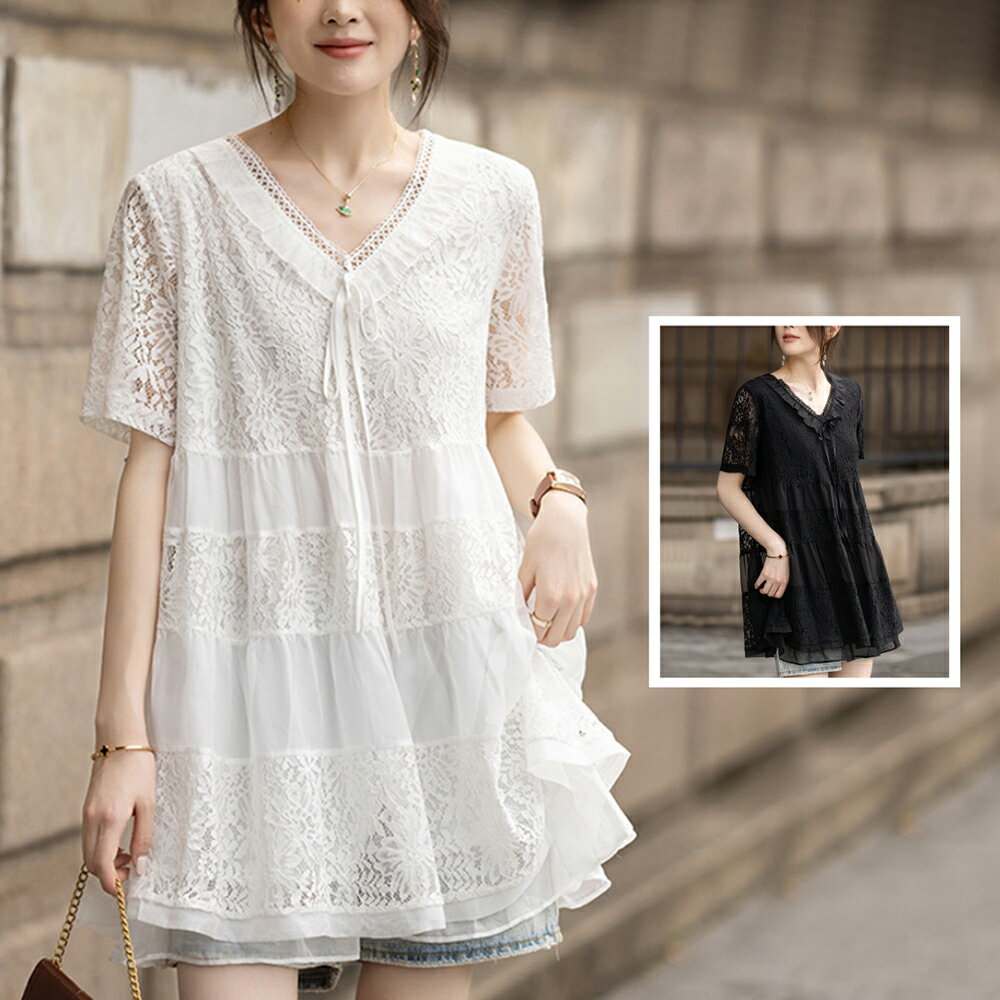 ＊ORead＊V領荷葉邊蕾絲衫寬鬆短袖上衣(2色S~4XL)