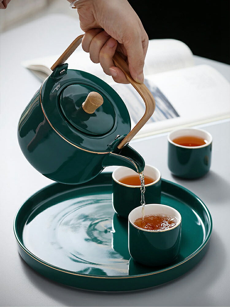 墨綠色茶杯水壺套裝陶瓷茶具帶托盤茶壺水具家用簡約高檔待客送禮 1