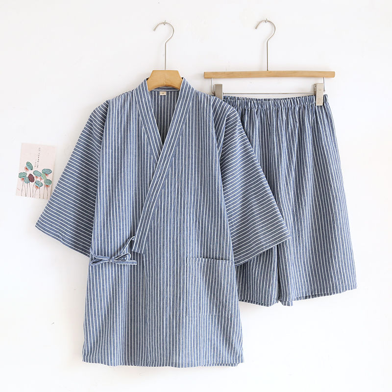 開立發票 短袖居家服 日式和服睡衣男士純棉紗布條紋寬松薄款短袖短褲汗蒸家居服套裝 快速出貨