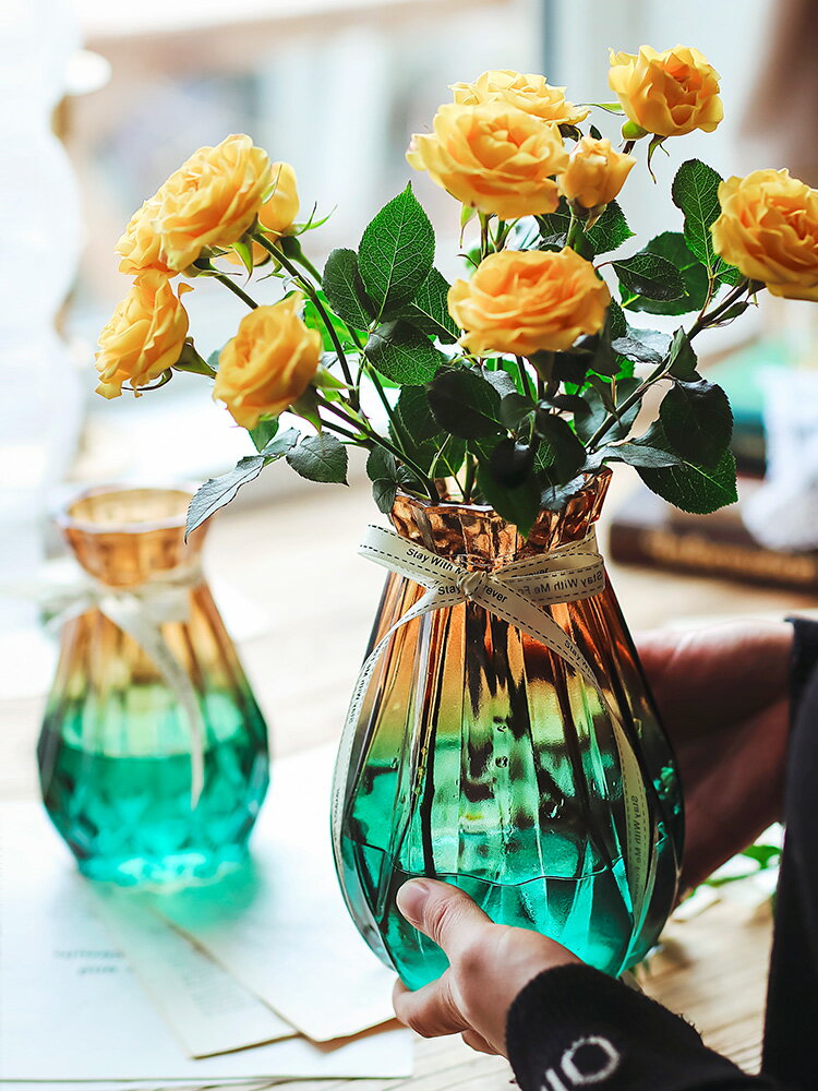 玻璃花瓶2件套透明彩色水培富貴竹百合玫瑰豎棱花瓶客廳插花擺件