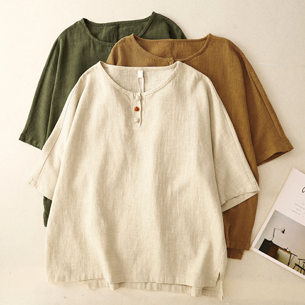 ＊ORead＊棉麻文藝復古短袖t恤上衣(3色M~2XL)