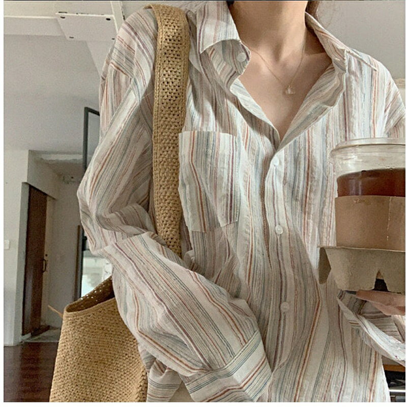 【巴黎精品】現貨+預購 襯衫長袖上衣-條紋抓皺寬鬆女裝a1bs27