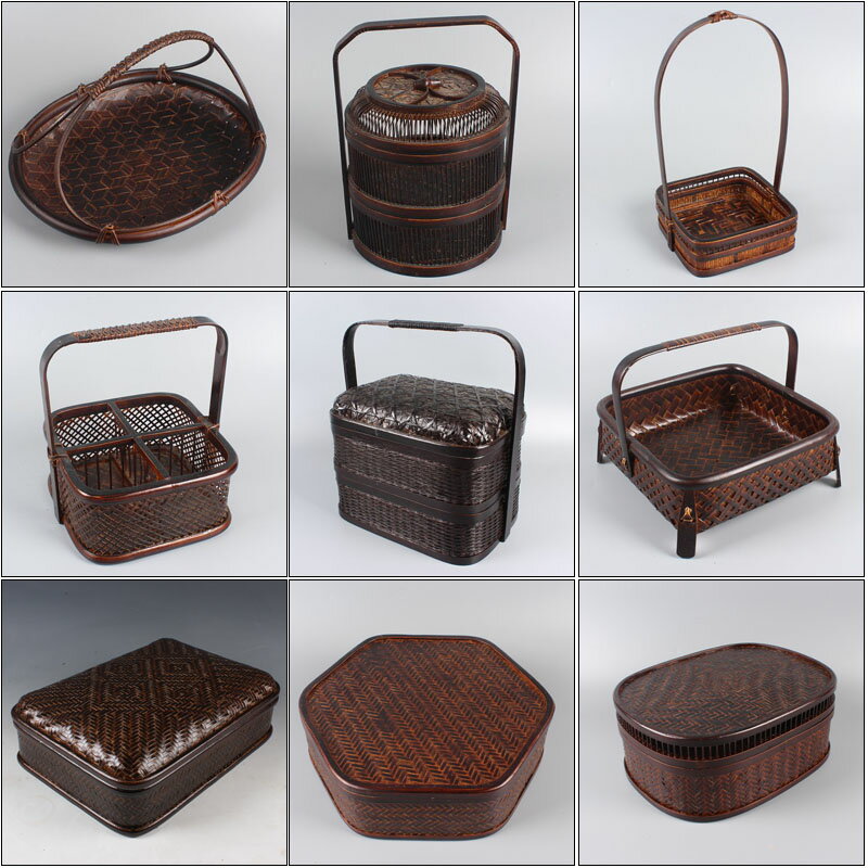 復古日式竹編食盒 雙層 茶具收納盒漆器 提籃 果籃糕點盤 裝飾