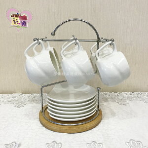 白瓷茶組6杯+6盤+架組-立體橫紋造型~【築巢傢飾】