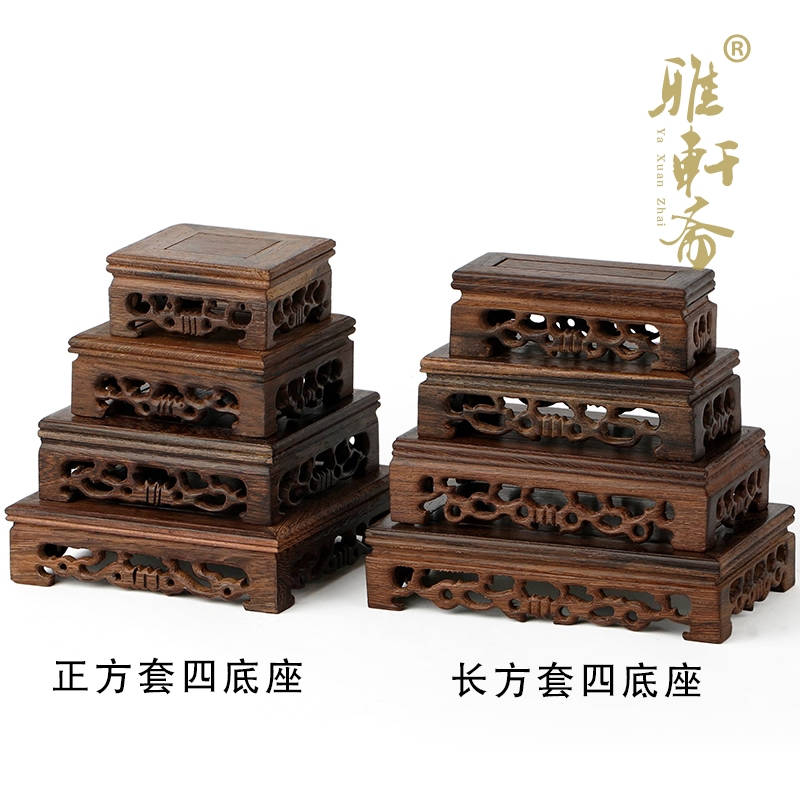 紅木質奇石紫砂壺佛像擺件底座長正方形工藝品 雞翅木雕實木托架