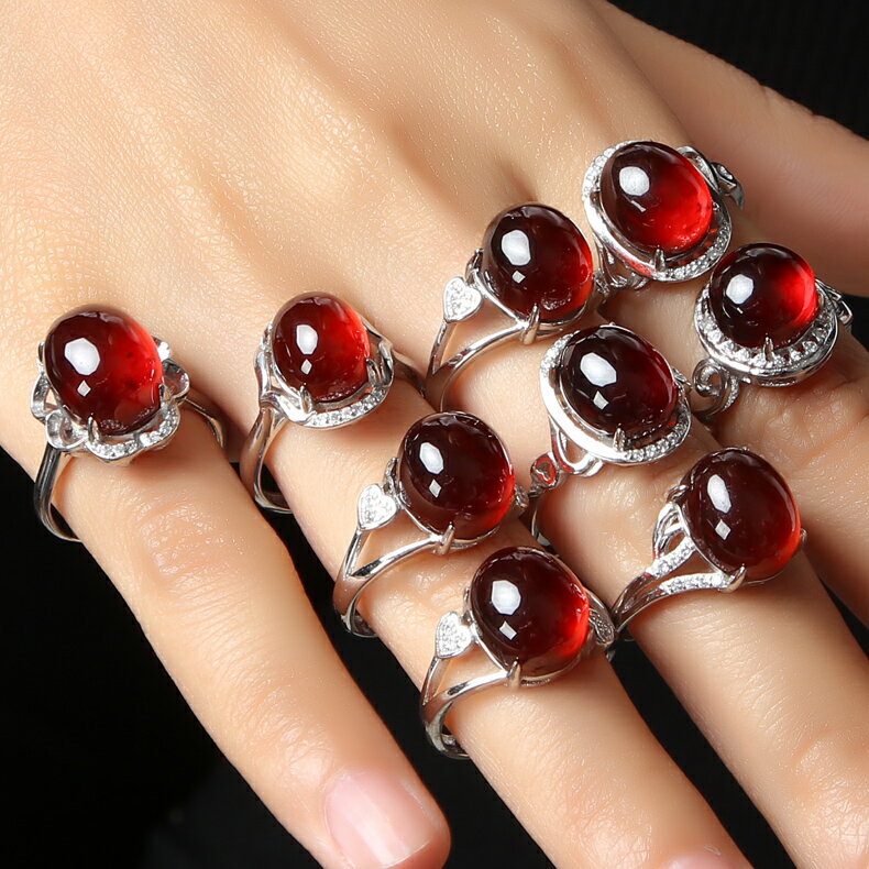 親寶水晶天然石榴石戒指女款時尚飾品 高透純凈 S925銀鑲嵌指環