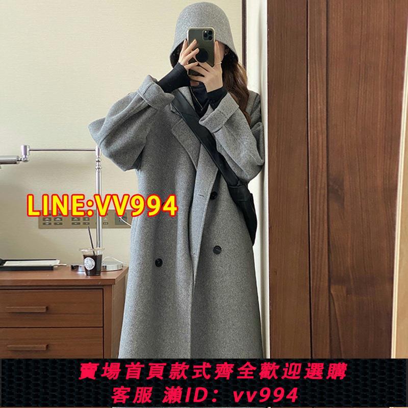 可打統編 灰色雙面絨大衣女2023年秋冬新款韓版寬松中長款赫本風毛呢外套女
