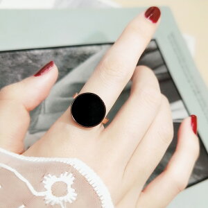 歐美黑色圓牌戒指女款鍍18k玫瑰金食指戒子日韓版指環潮人配飾品