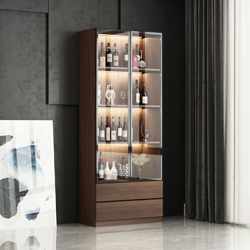 客廳靠墻酒柜展示柜家用輕奢高檔現代簡約玻璃門小型酒柜實木新款