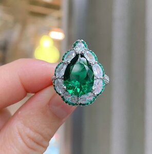 人工科技彩鉆戒指歐美微鑲嵌精工拼石祖母綠戒子10克拉開口