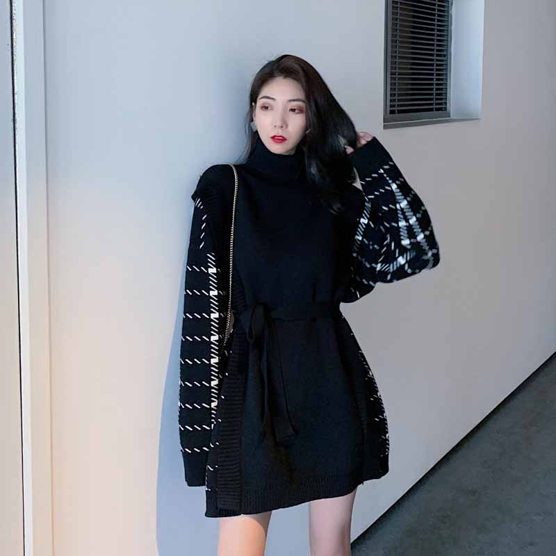 配大衣的內搭高領加厚針織連衣裙子女秋冬季法式復古赫本風小黑裙