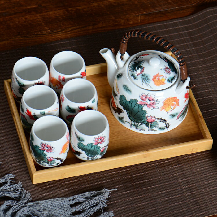 餐廳酒店提梁壺茶具套裝大號家用陶瓷復古青花茶壺茶杯整套帶托盤