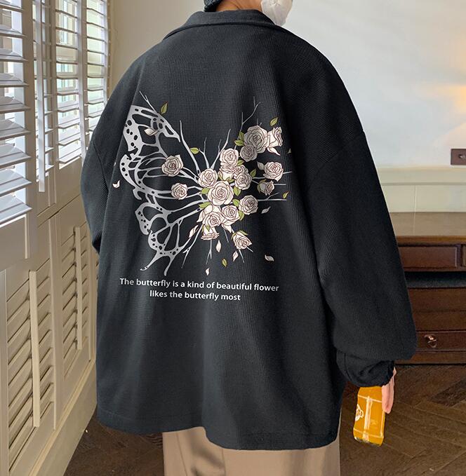 FINDSENSE X 2022 街頭時尚 男士 寬鬆大尺碼 外套 華夫格 蝴蝶花圖案 夾克